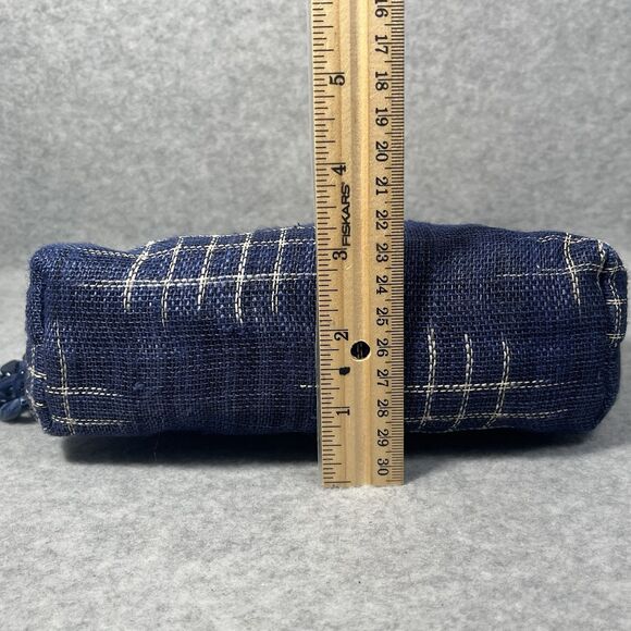 Pushi Blue Tweed Timber Handle Frame Clutch Detachable Strap Magnetic Closure - Picture 13 of 16